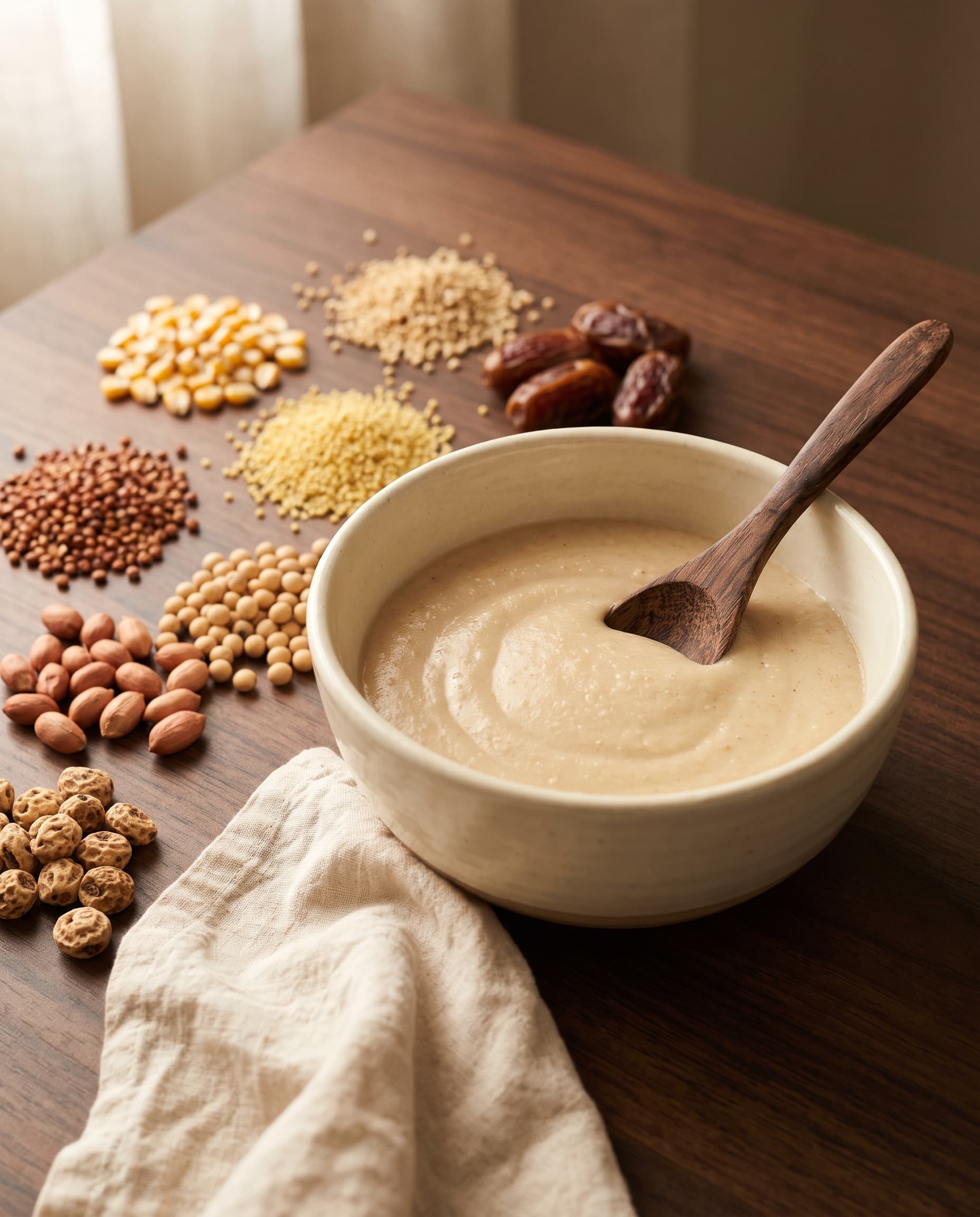A bowl of creamy Tom Brown pap with a wooden spoon, surrounded by small heaps of corn, millet, guinea corn, soyabeans, groundnuts, tiger nuts and dates
