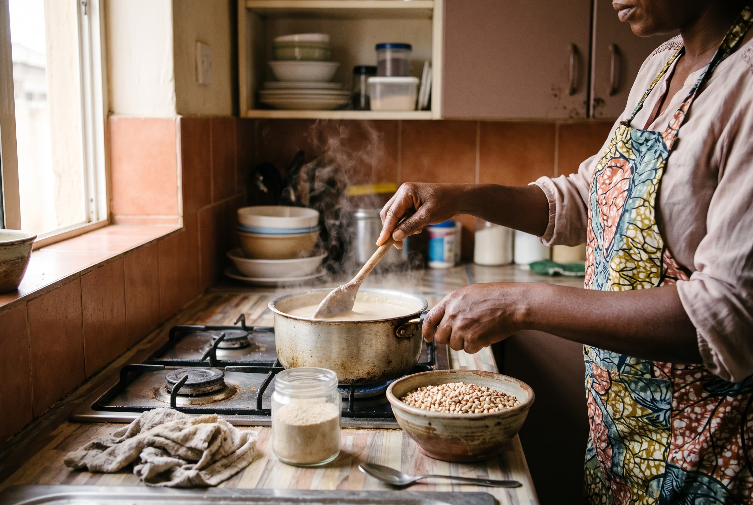 A woman stirring a pot of warm pap on a stove in a Nigerian home kitchen, with a bowl of grains on the counter