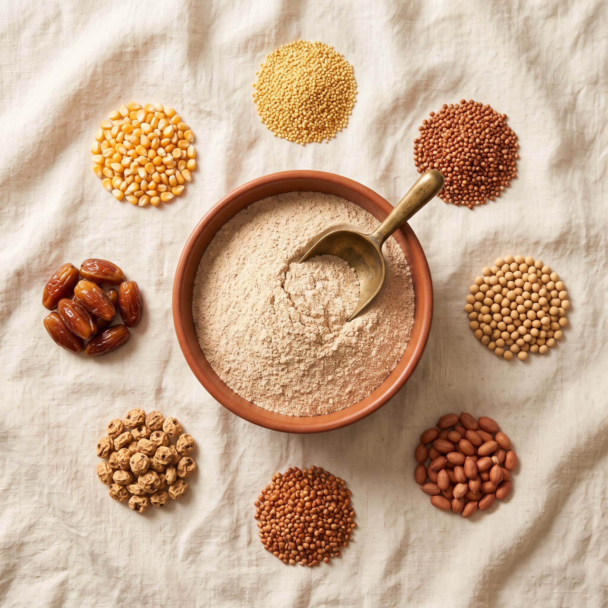 A bowl of fine multigrain cereal powder surrounded by yellow corn, millet, guinea corn, soyabeans, groundnuts, tiger nuts and dates